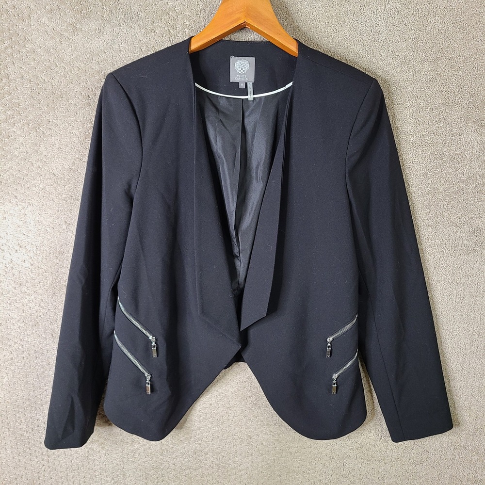 Vince Camuto Jacket Womens 12 Black Blazer Solid Open Front Zipper Detail Casual